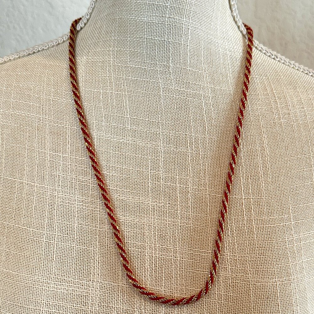 Trifari Red & Gold Twisted Rope Cord Necklace Vintage Fashion Jewelry